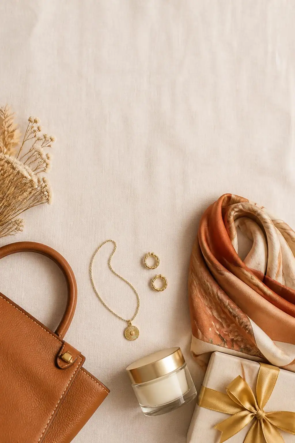Idées cadeaux pour femme de 50 ans, bijoux dorés, foulard, soin et sac en cuir